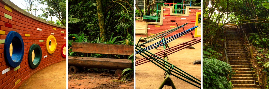 Mosaico com quatro fotografias sendo a primeira de uma parede de tijolos vermelhos com circulos nas cores azul, verde e amarelo, a segunda de um banco feito com tronco de madeira com arbustos verdes ao fundo, a terceira de gangorras nas cores azul, vermelha, verde e amarelo, e a quarta de uma escadaria com árvores e arbustos nas laterais.